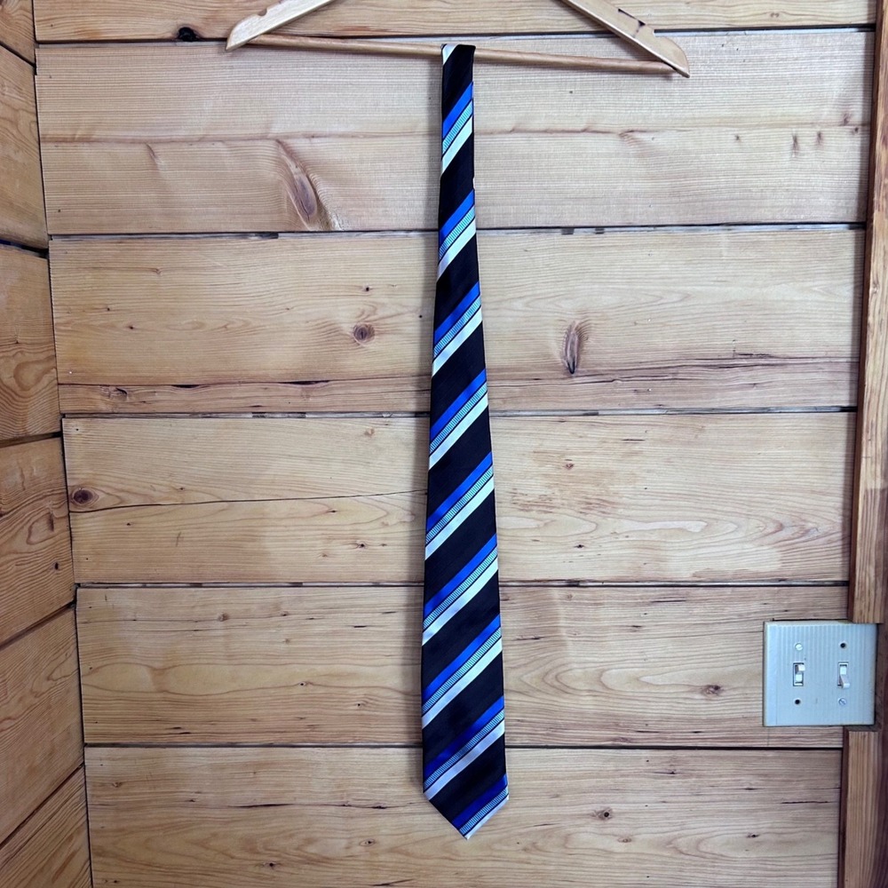 Vintage Silk Necktie Mens One Size Brown Blue White Striped Stollerys MCM